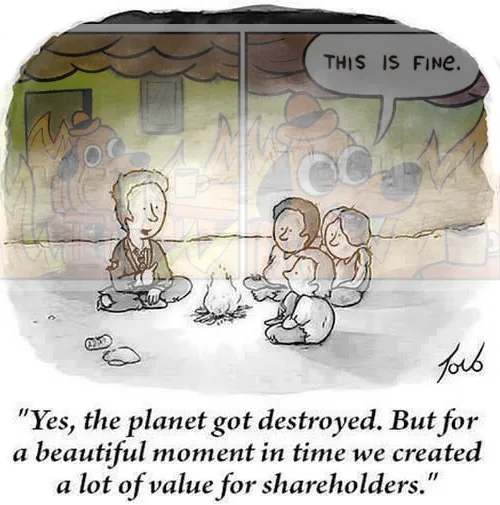 A two-panel comic strip shows a family sitting around a campfire as their house burns behind them. In the first panel, a…