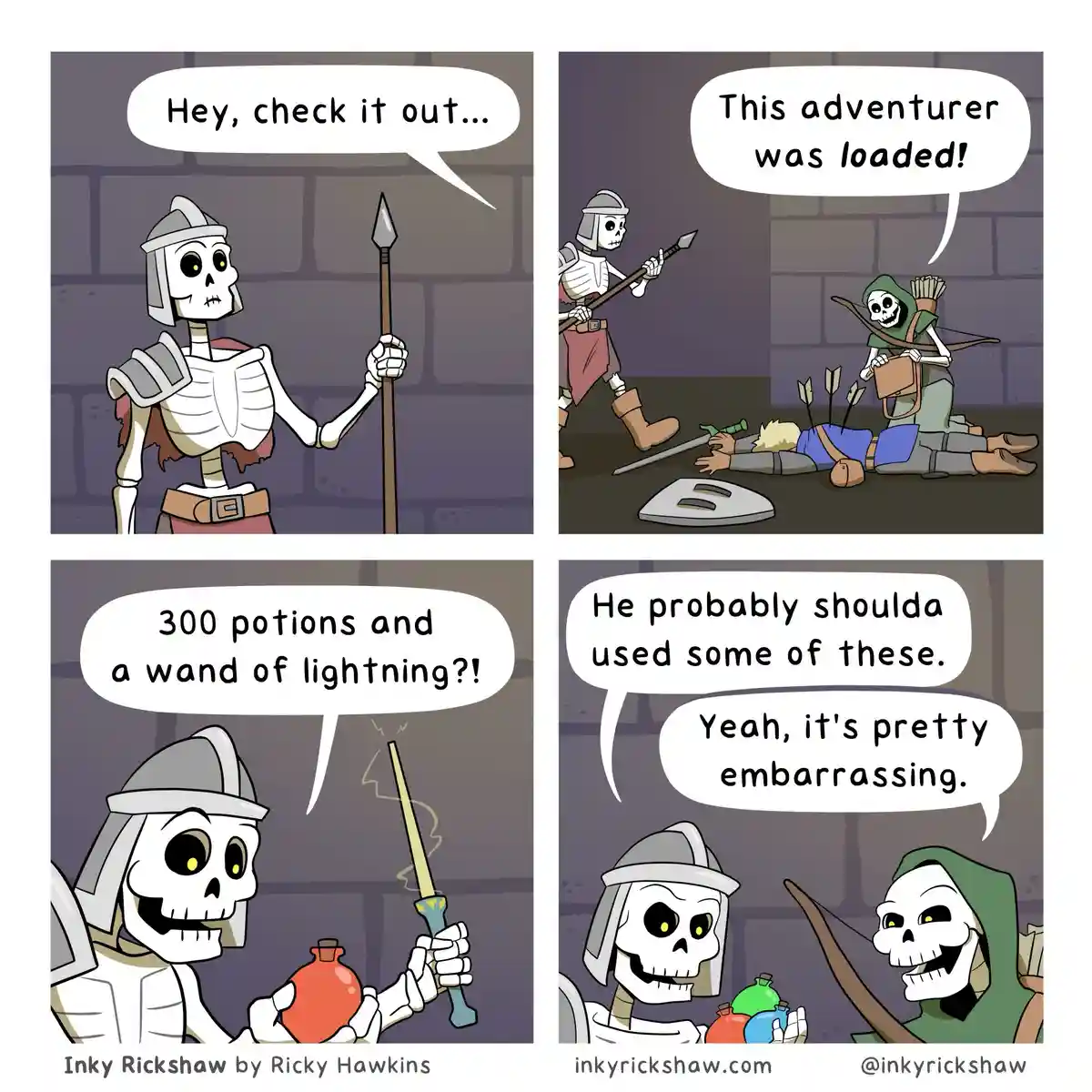 A four-panel comic featuring two skeleton adventurers in a dungeon. The first skeleton shows off a spear, then reveals a…