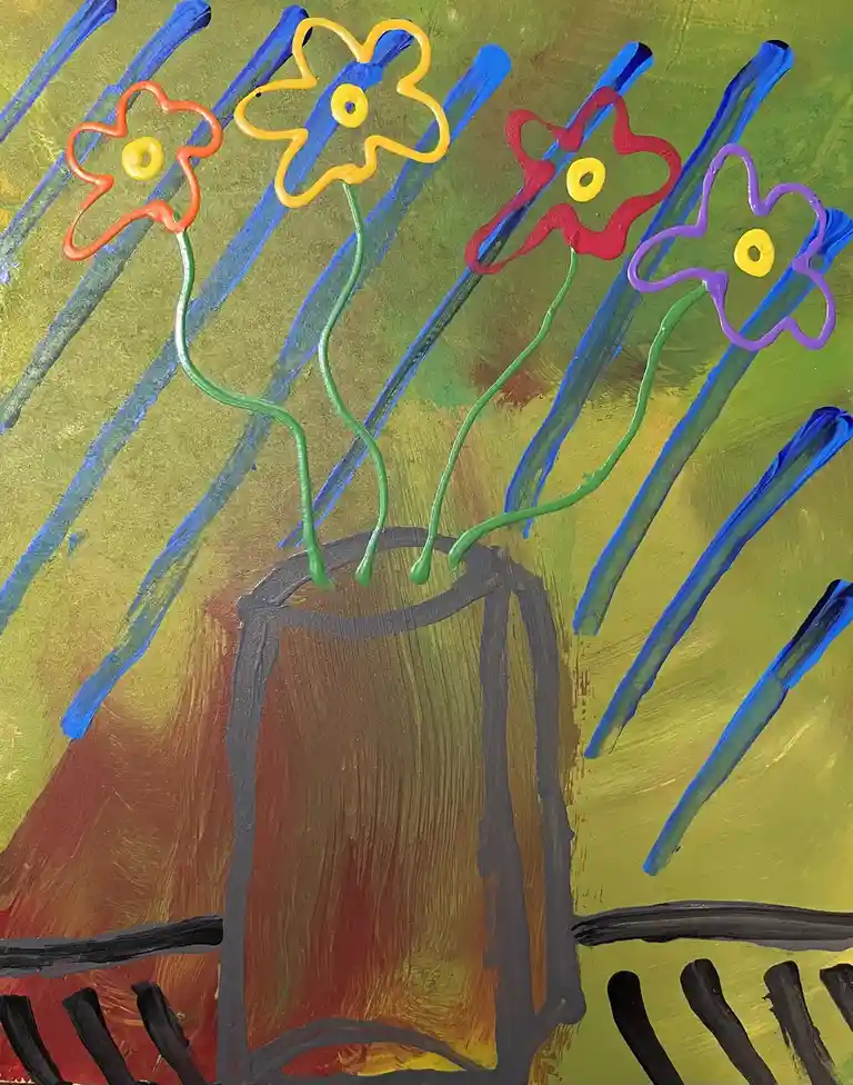 A colorful, childlike painting shows four stylized flowers with orange, yellow, red, and purple petals and yellow centers…