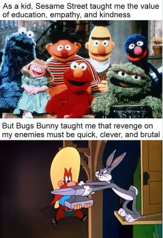 The meme is split into two panels. The top panel shows a group photo of Sesame Street characters including Cookie Monster…