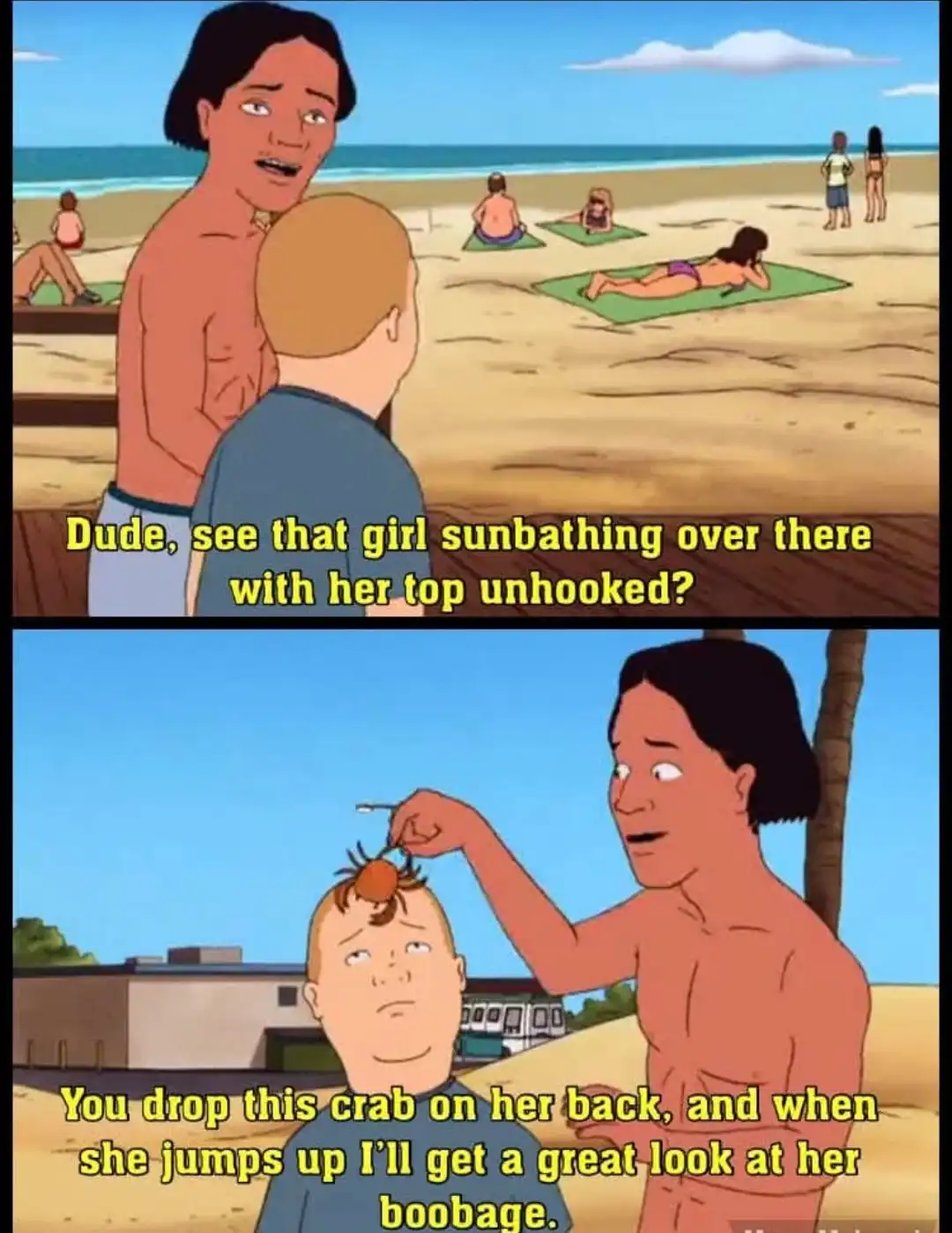 Two-panel cartoon meme from 'King of the Hill' showing a man pointing out a woman sunbathing with her top unhooked, then…