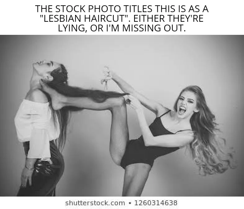 A black-and-white stock photo shows two women posing dramatically against a plain background. One woman, wearing a white…