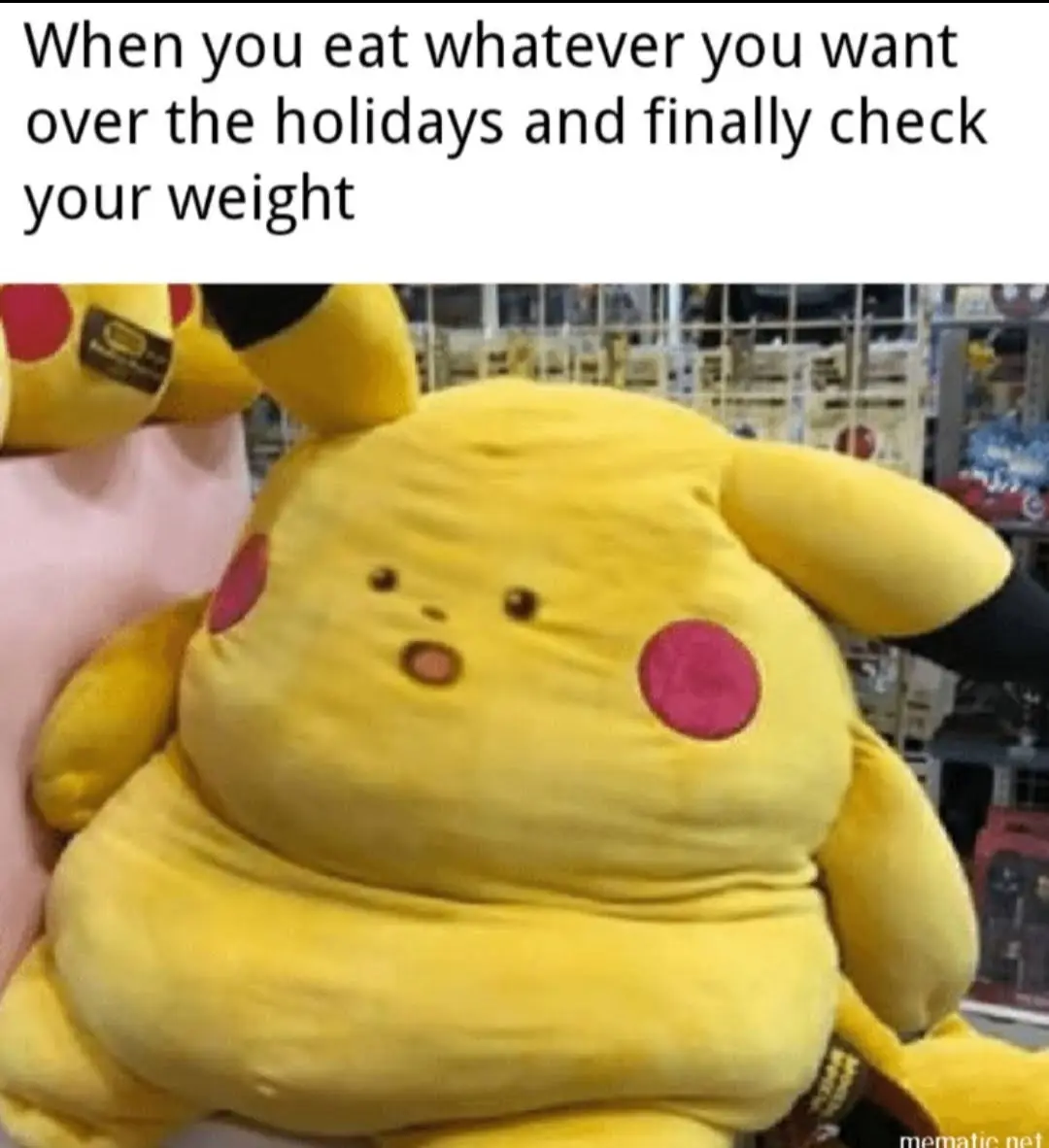 A large, yellow Pikachu plush toy is visibly overweight and bloated, with a surprised or shocked facial expression. The text…