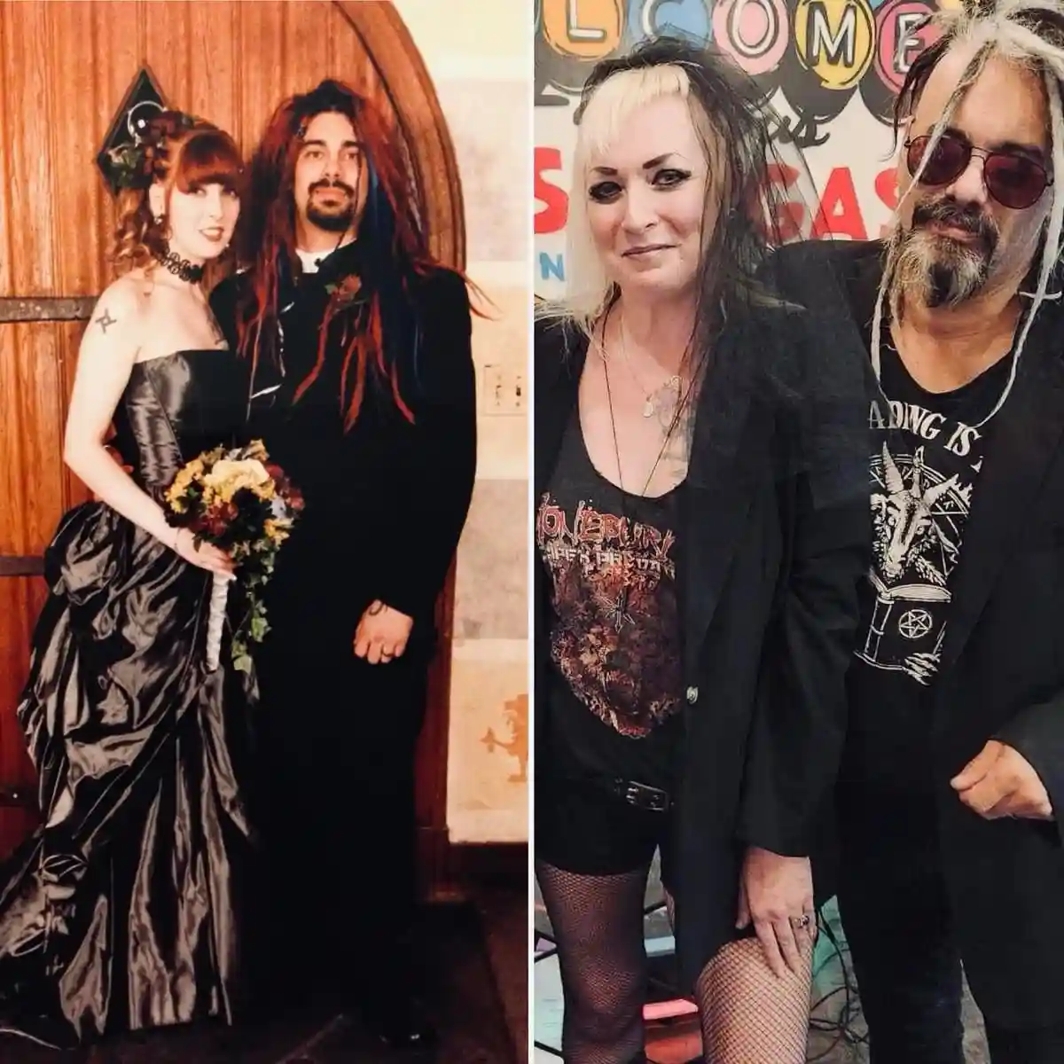 This side-by-side image shows a couple in two different photos. The left photo depicts them in formal attire, with the woman…