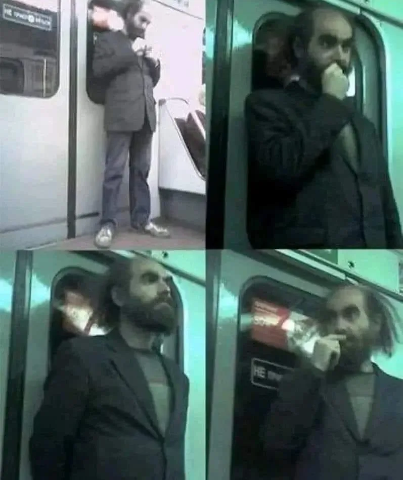 A four-panel image shows a man on a subway train, progressively becoming more disheveled and intense. In the first panel, he…