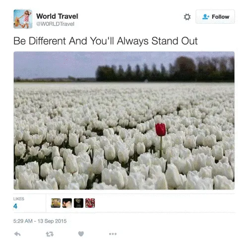 Six identical Twitter posts are displayed side-by-side, each featuring a photo of a single red tulip standing out in a vast…
