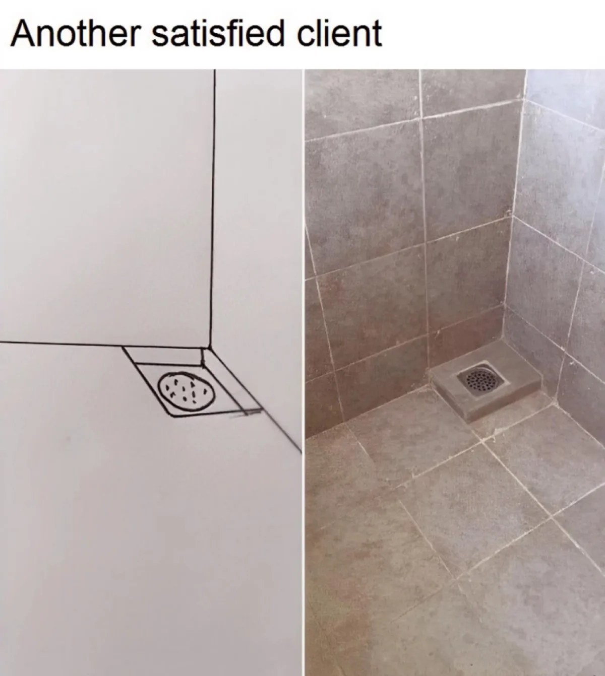 The image is split into two panels. The left panel shows a simple black-and-white line drawing of a shower drain in a…