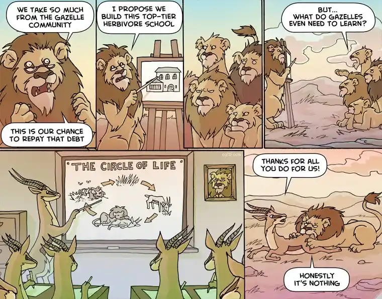 A comic strip depicts lions debating how to repay a debt to gazelles, proposing a 'top-tier herbivore school' for them. The…