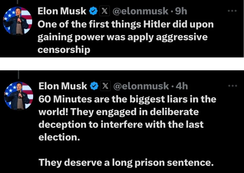 The image displays two consecutive tweets from Elon Musk's X account, both featuring his profile picture against an American…