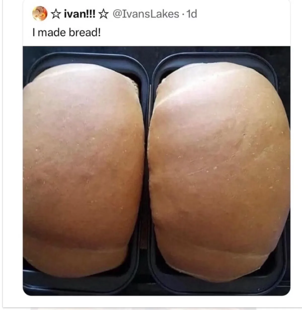 The image shows two large, round loaves of bread in black baking pans, viewed from above. The bread has a golden-brown crust…