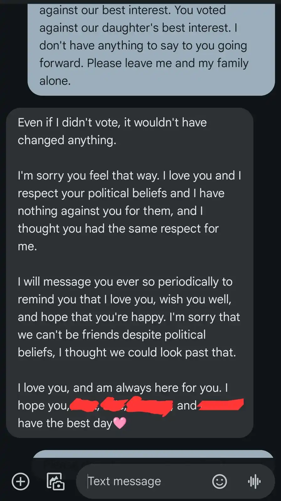 A screenshot of a text message conversation shows a person responding to a message accusing them of voting against their…