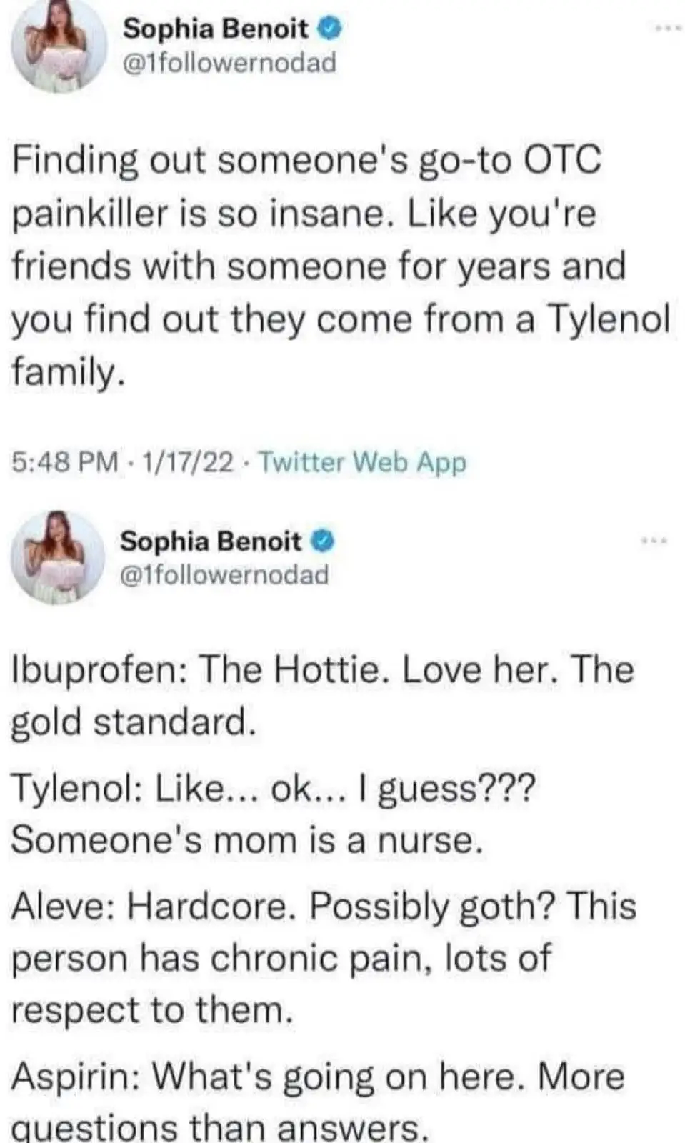 A screenshot of two tweets by Sophia Benoit humorously ranking over-the-counter painkillers by personality and social…