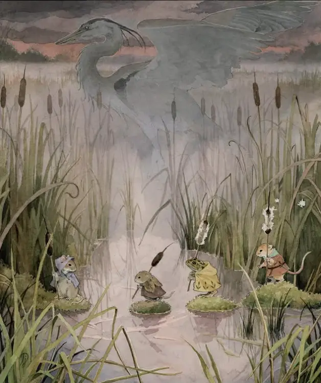 A watercolor illustration depicts a large grey heron flying low over a marsh with cattails, while four small animals—a…