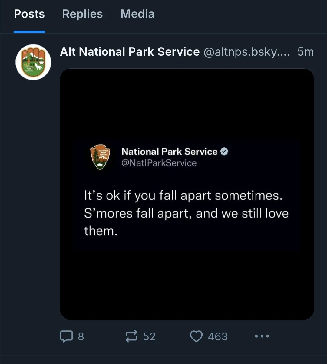 A screenshot of a tweet from an account called 'Alt National Park Service' showing a repost of the official National Park…