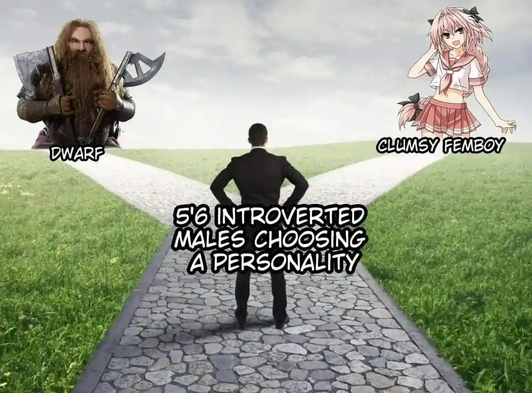 A man in a suit stands at a forked path, facing two choices: on the left, a bearded dwarf holding an axe labeled 'DWARF'…