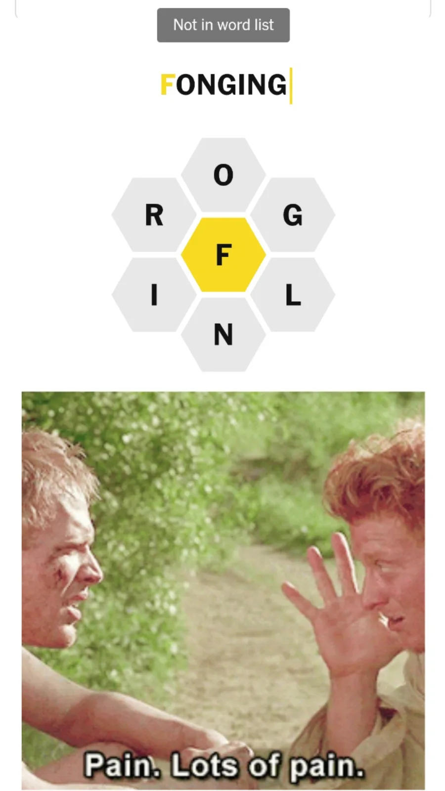 The image shows a word game interface with the word 'FONGING' displayed, where the letter 'F' is highlighted in yellow among…