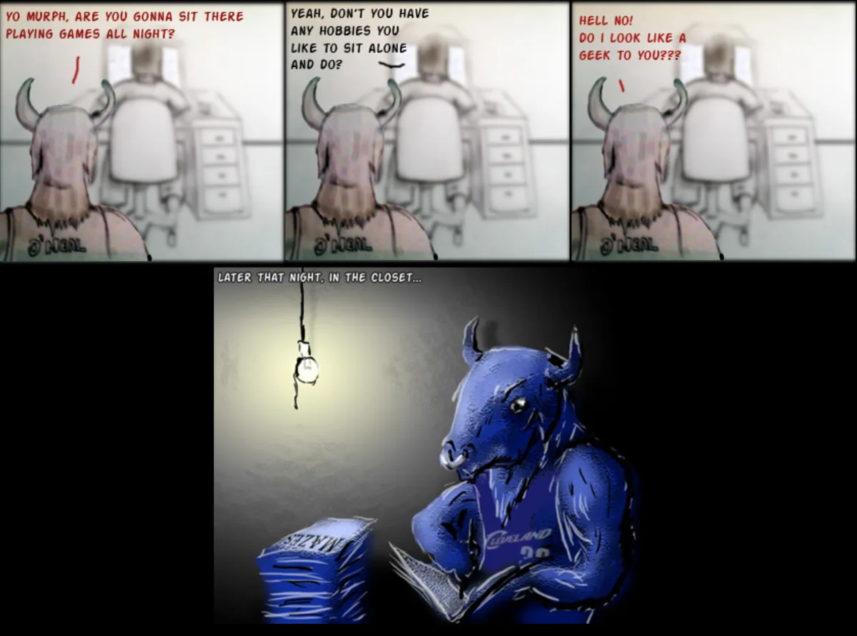 A three-panel comic strip shows a horned, shirtless figure with 'O'NEAL' on his back asking another person about gaming. The…