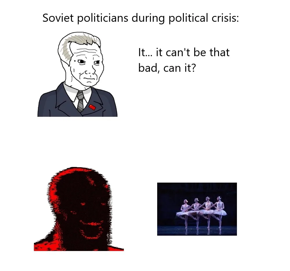 The top panel shows a cartoon of a Soviet politician with a skeptical expression, overlaid with the text 'Soviet politicians…
