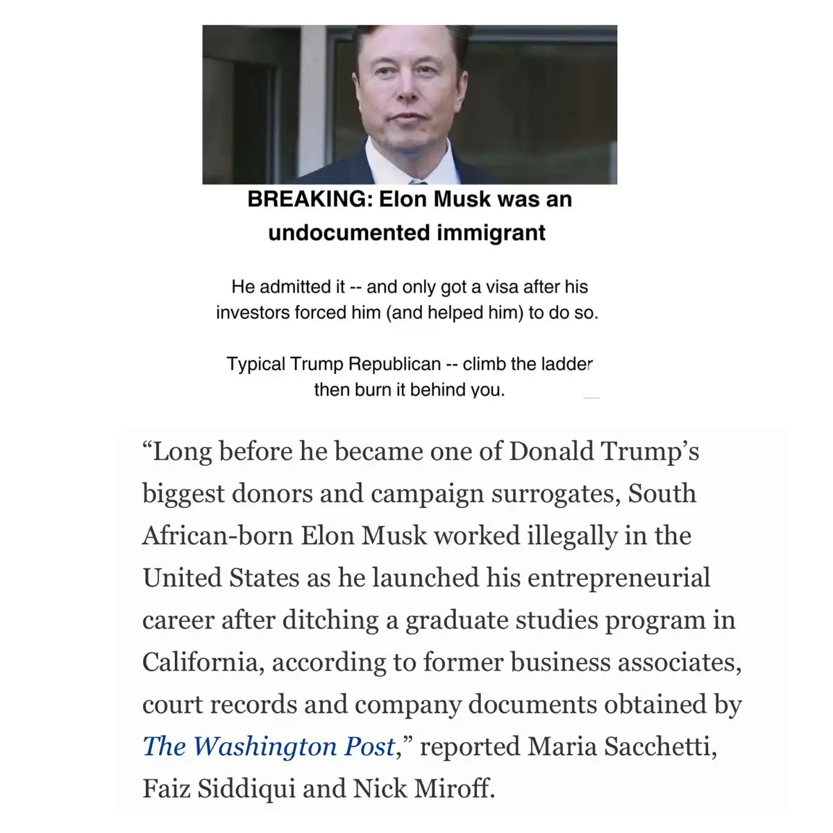 The image shows a photo of Elon Musk with overlaid text that reads 'BREAKING: Elon Musk was an undocumented immigrant. He…