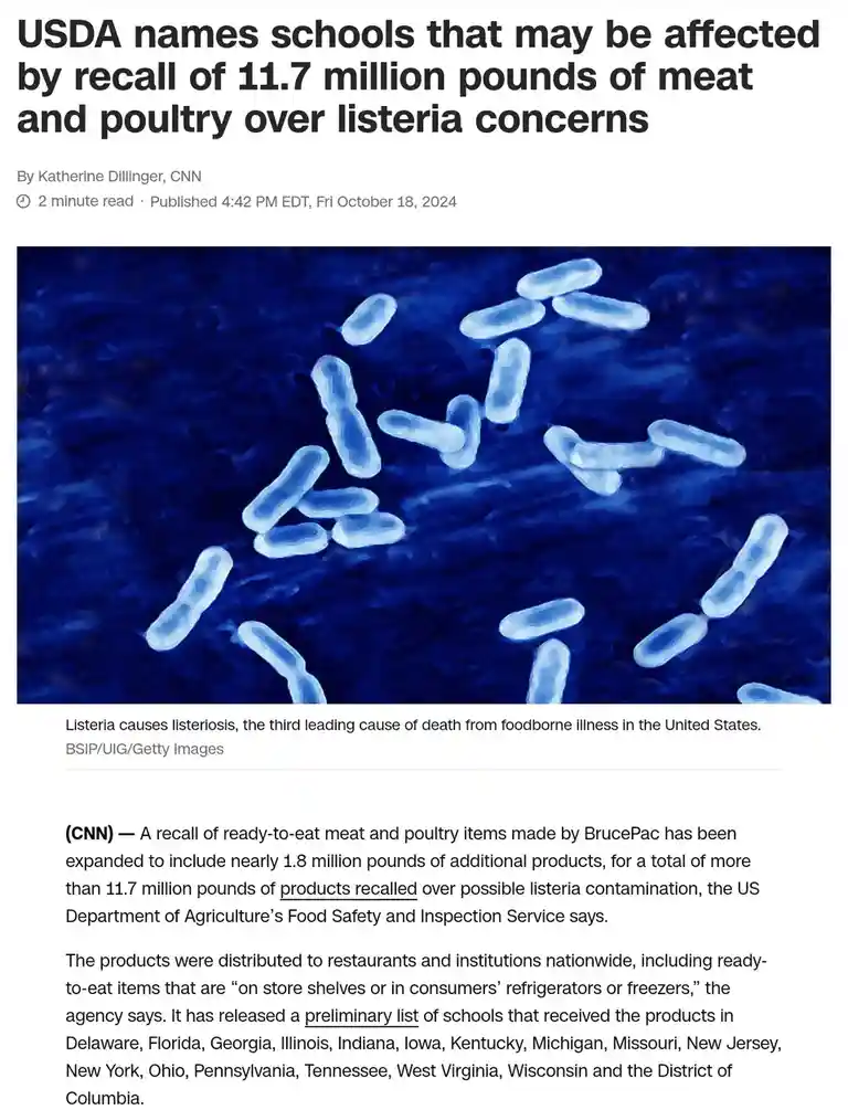 A screenshot of a CNN news article about a meat recall due to listeria, featuring a microscopic image of blue rod-shaped…
