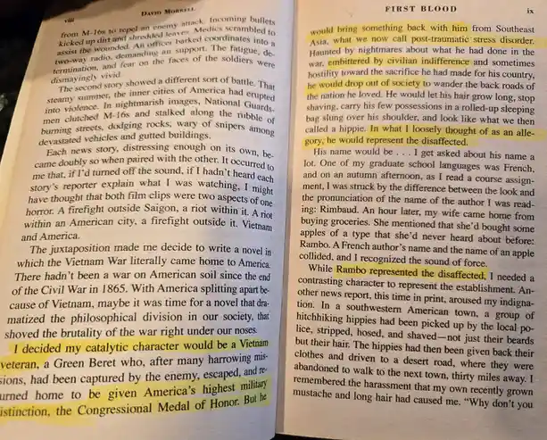 An open book page from David Morrell's 'First Blood' with highlighted text showing the author's original concept for the…