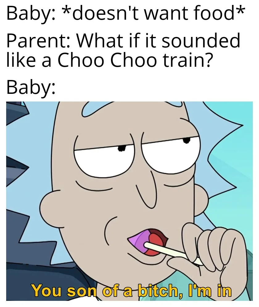 The image shows Rick Sanchez from 'Rick and Morty' with a smug, satisfied expression, licking a lollipop. The overlaid text…