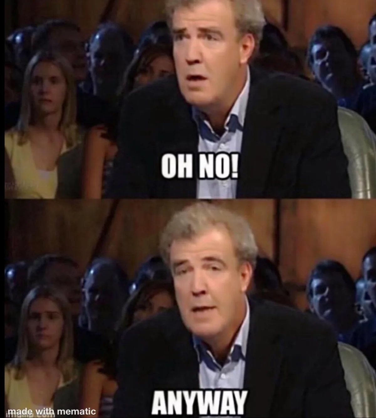 The image is a two-panel meme featuring a man in a suit with a shocked expression in the top panel, overlaid with the text…