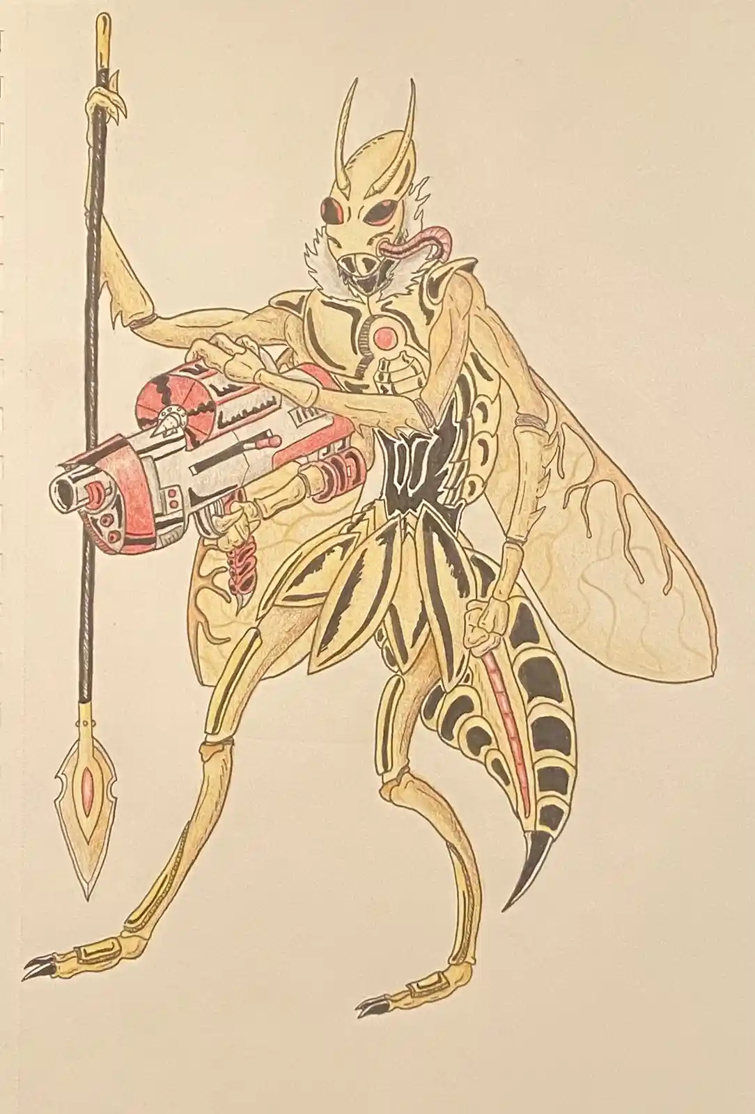 A hand-drawn illustration depicts a humanoid insectoid creature resembling a bee or wasp, standing upright and holding a…