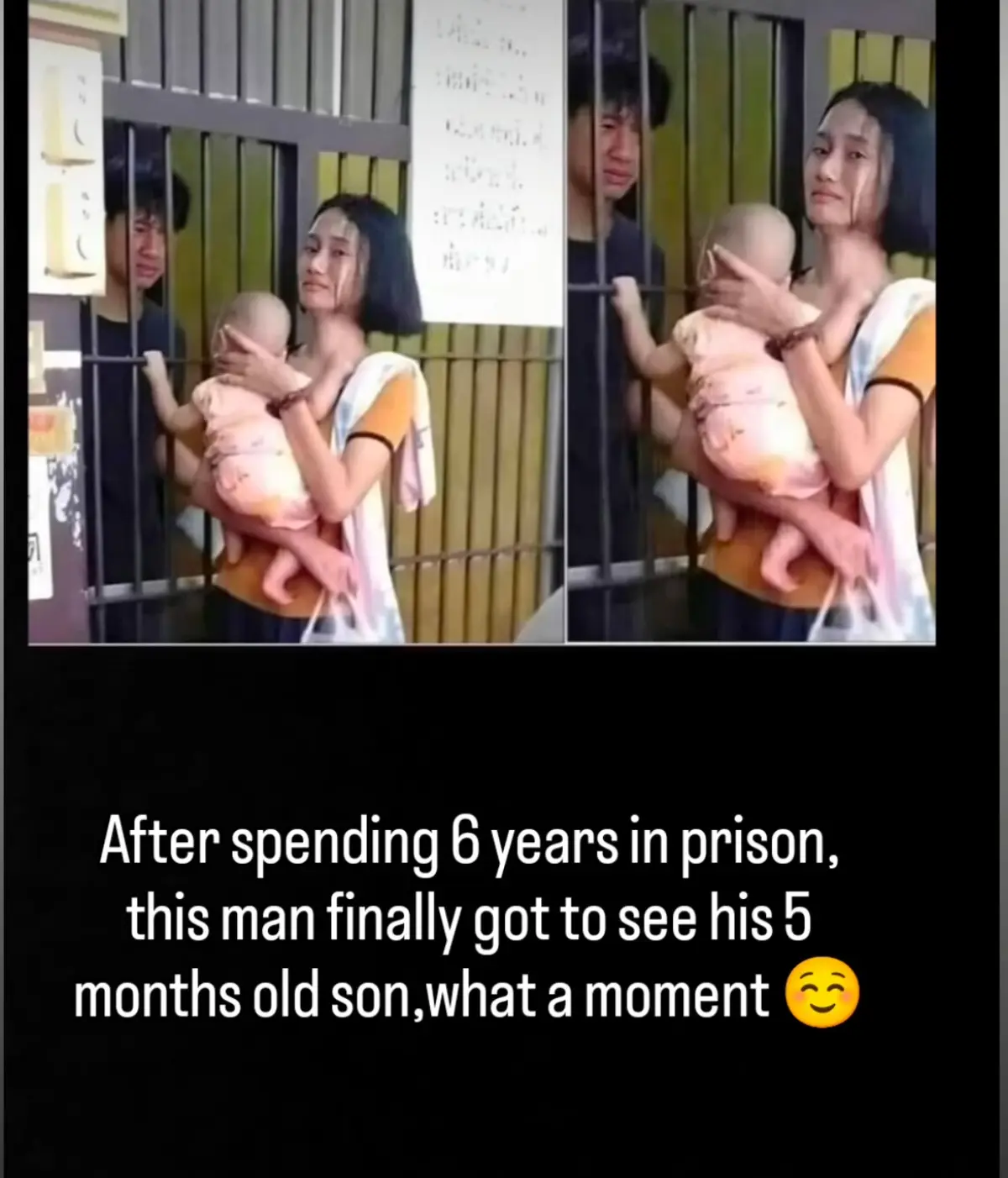 Two side-by-side photos show a man and a woman behind prison bars, the woman holding a baby. The man appears emotional…