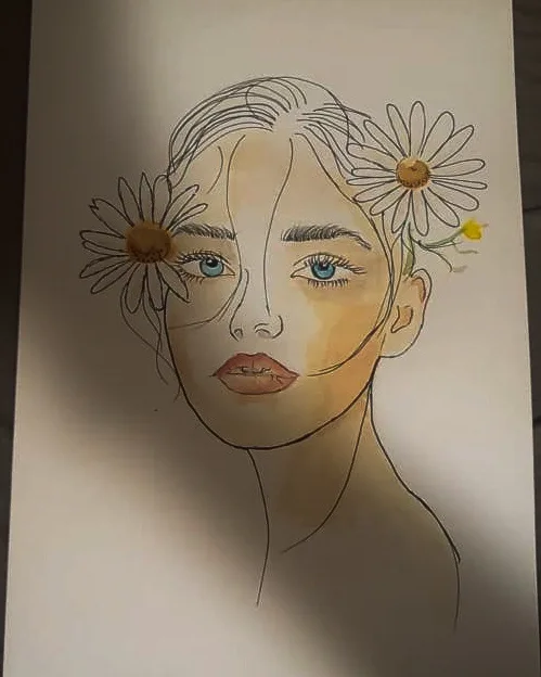 A hand-drawn portrait of a woman with blue eyes and daisies placed over her ears, rendered in watercolor and ink on paper…