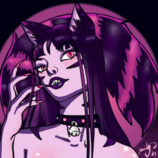 A stylized anime illustration of a purple-haired, cat-eared, fanged female character with red eyes, wearing a collar with a…
