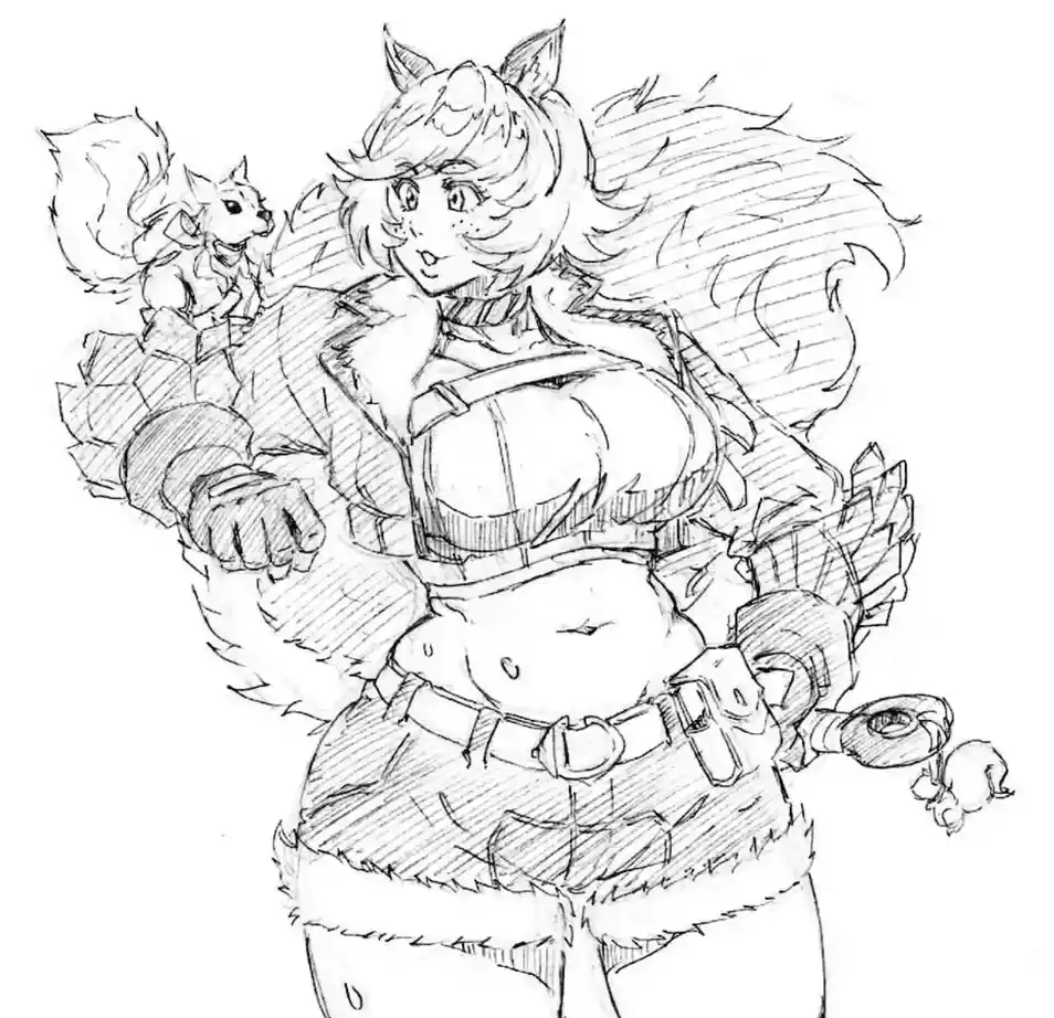 A black-and-white sketch depicts a female anthropomorphic character with fox-like ears and a bushy tail, wearing a fur-lined…