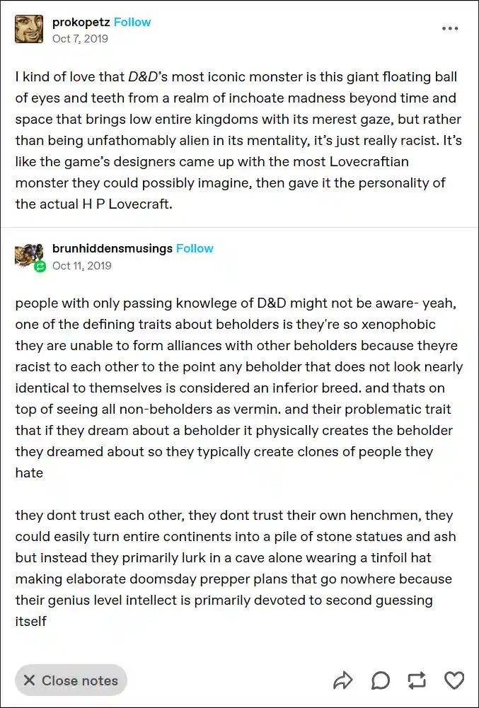 A screenshot of two Twitter/X replies discussing the beholder monster from D&D, with the first calling it 'racist' and the…