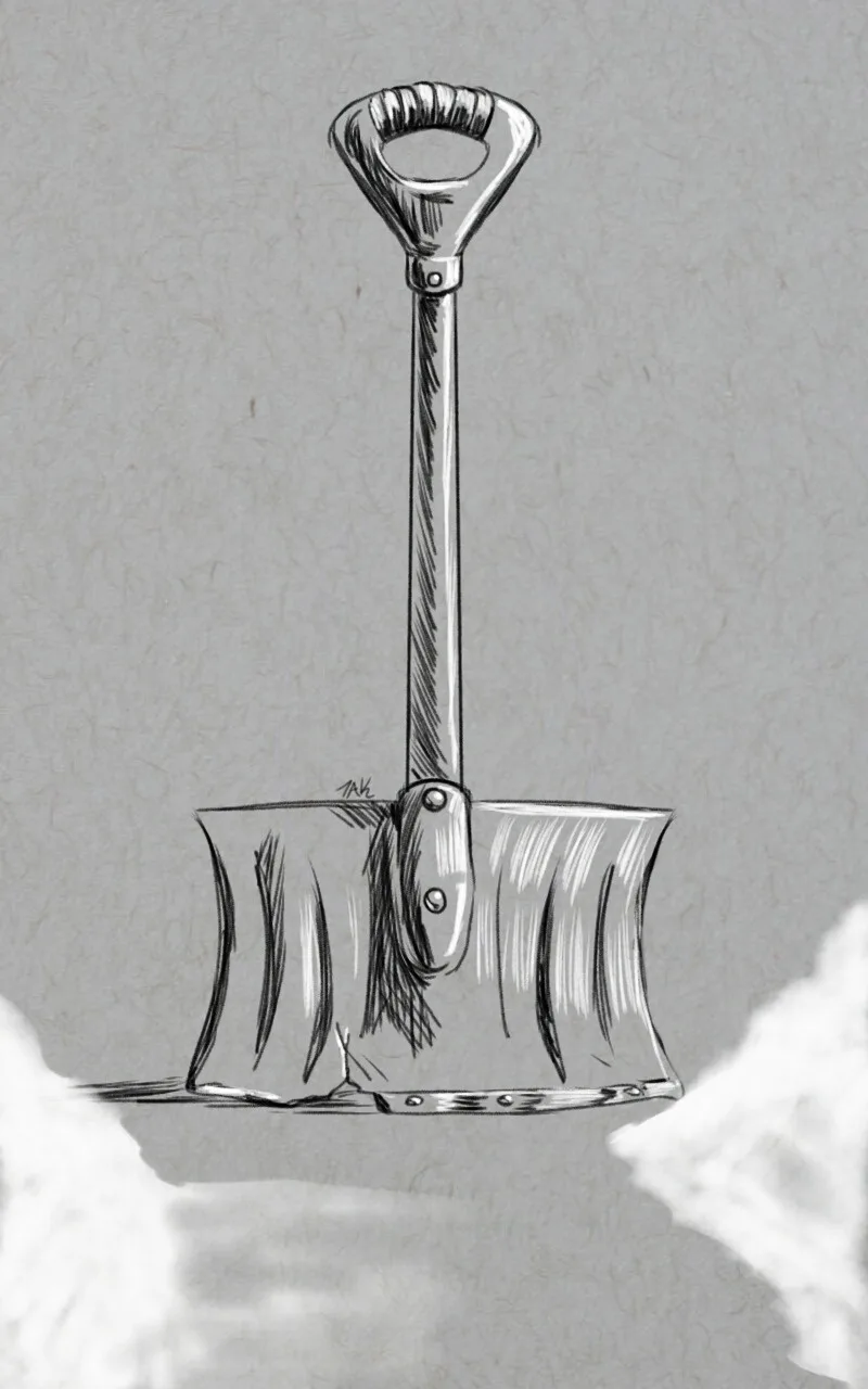 A detailed black-and-white sketch of a snow shovel standing upright in snow, with the text 'i'm not lazy, i'm just…