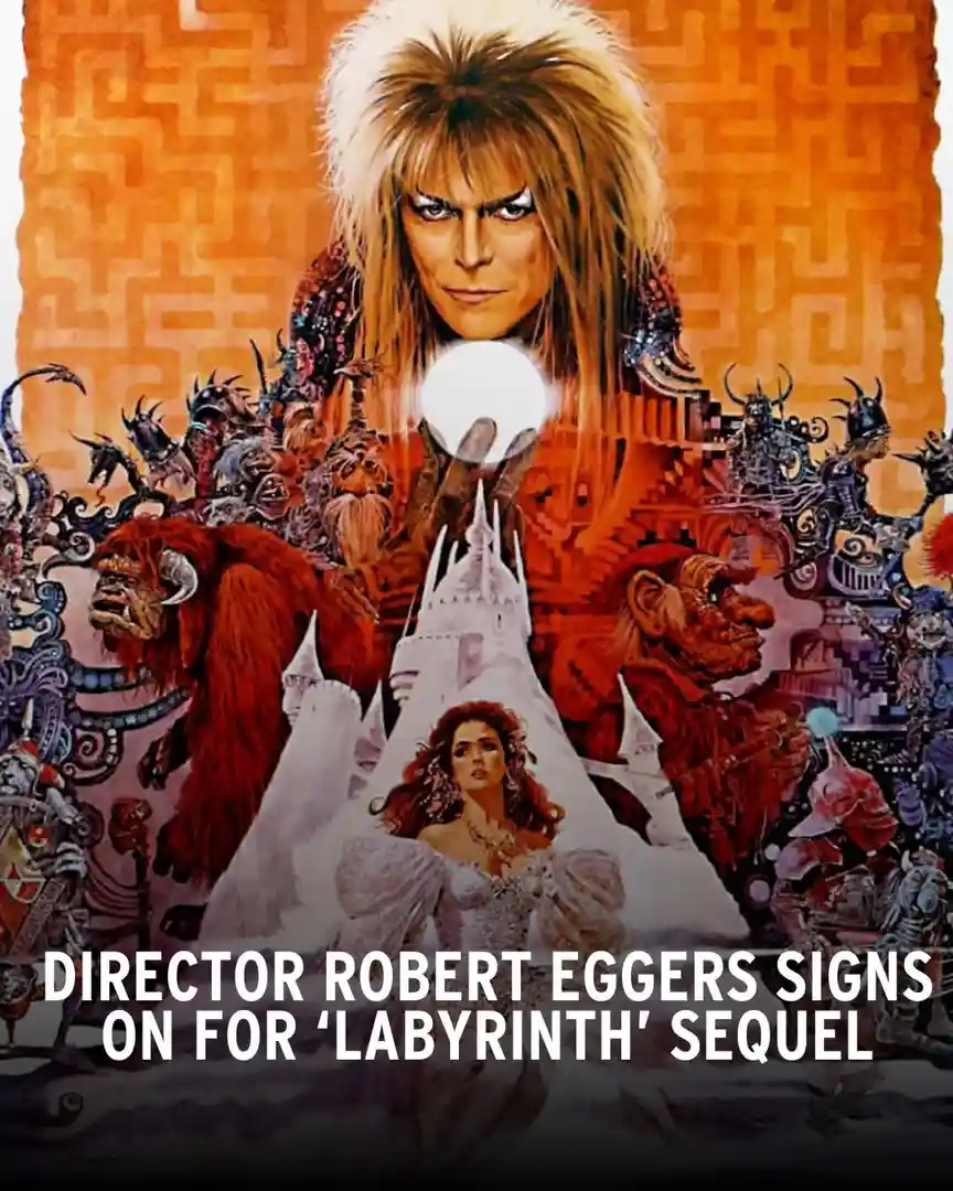 The image is a movie poster for 'Labyrinth' featuring David Bowie as the Goblin King holding a glowing orb, with a white…