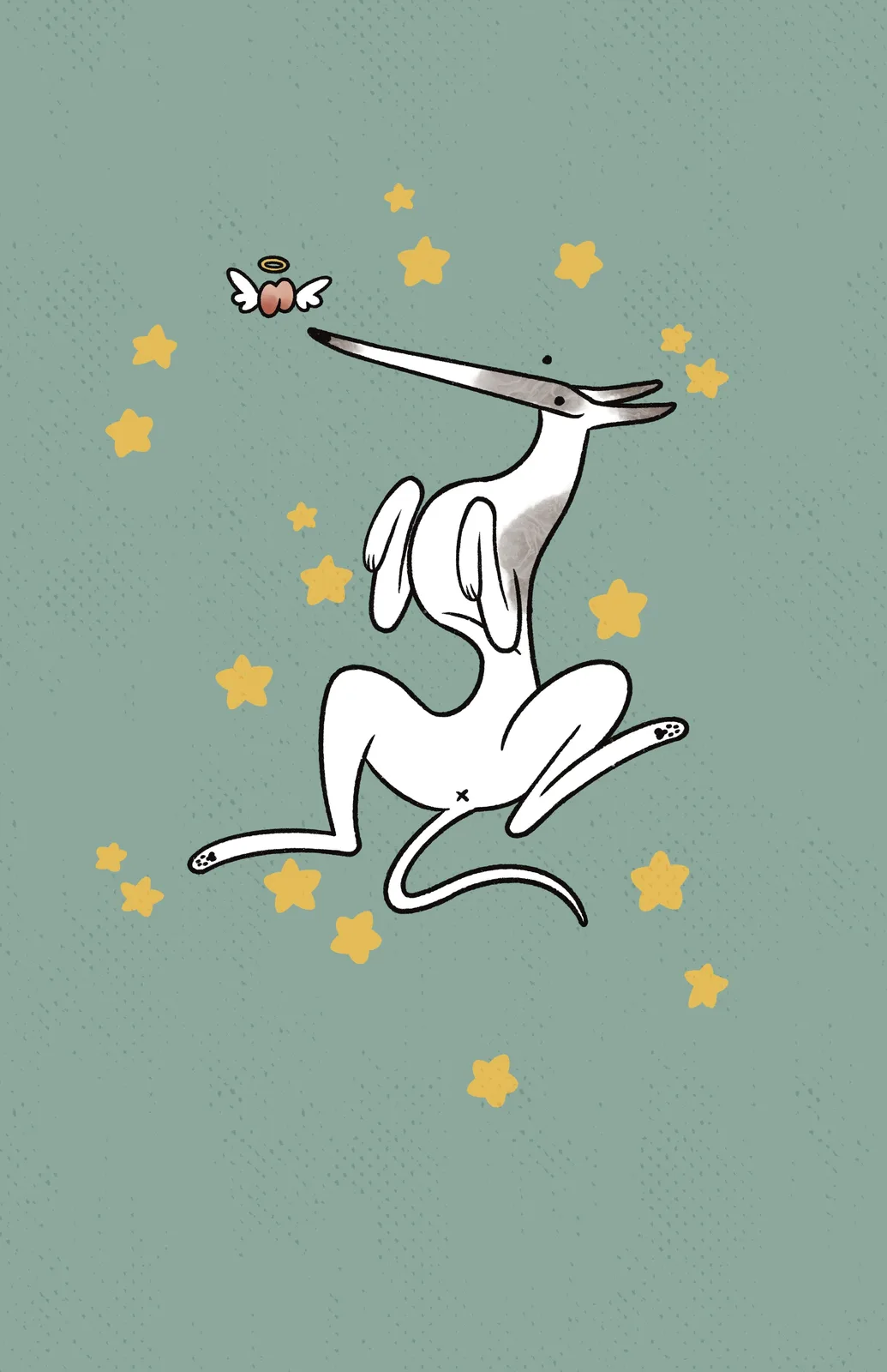 A cartoon illustration shows a white, slender dog with long legs and a long snout, sitting upright and looking upward with a…