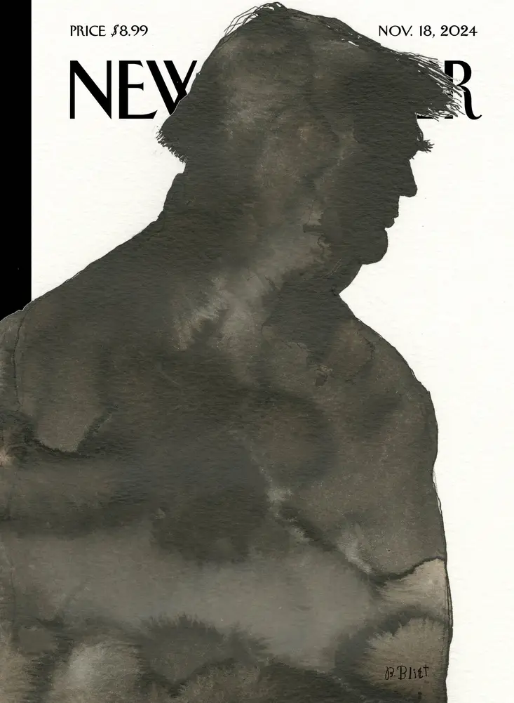 A watercolor-style magazine cover features a dark, abstract silhouette of a man in profile, resembling Donald Trump, with…