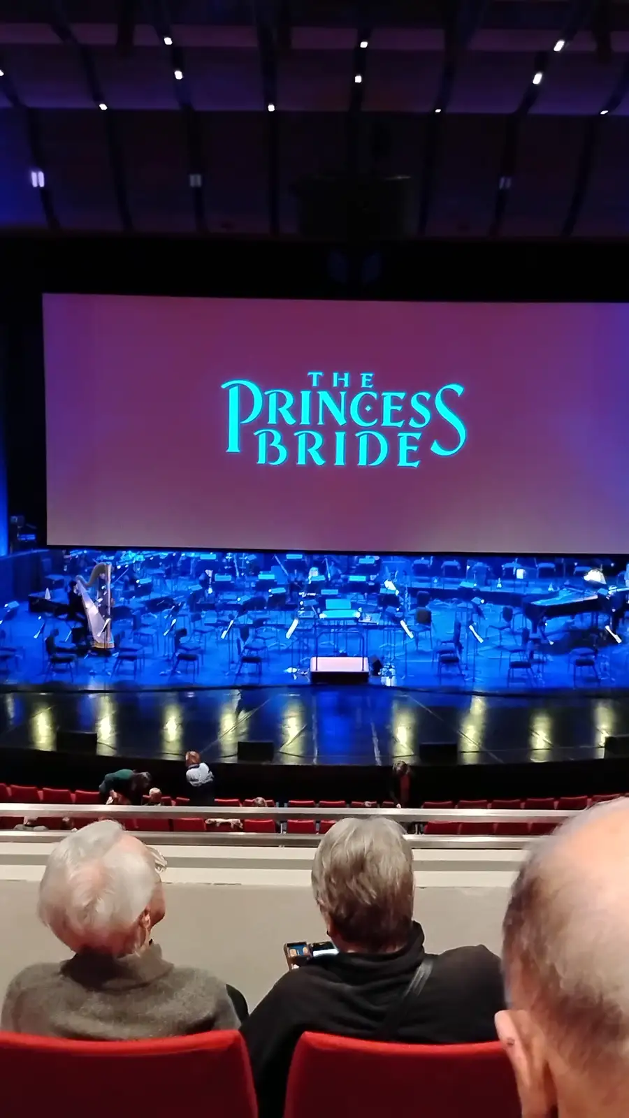 An audience watches a movie theater screen displaying the glowing blue title 'THE PRINCESS BRIDE'. Below the screen, an…