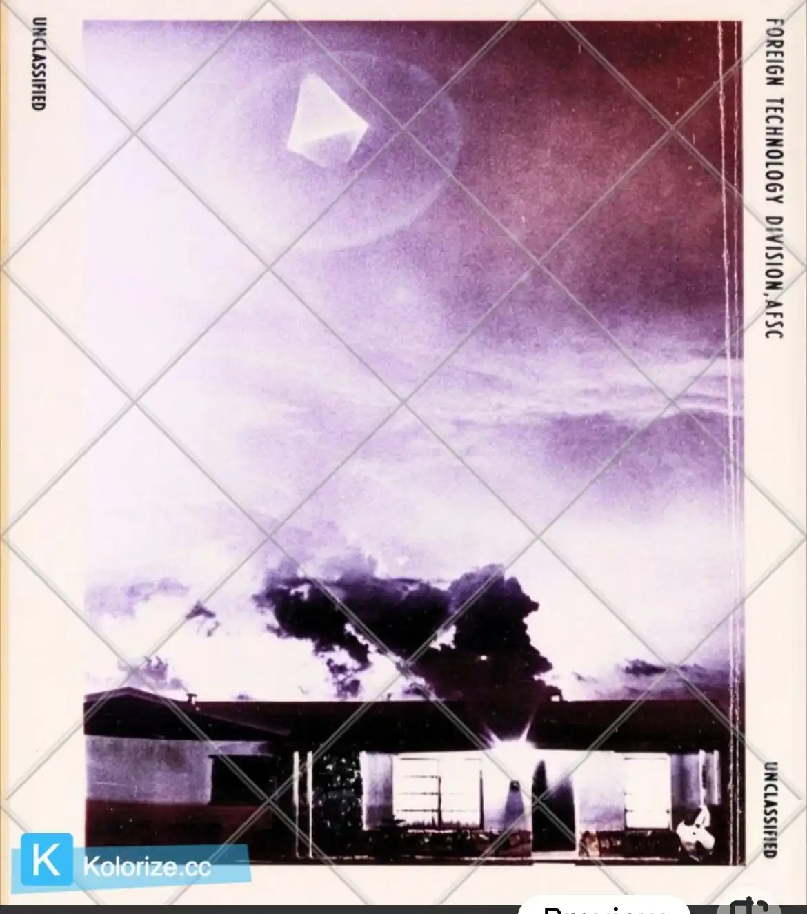 A vintage-style, purple-tinted photograph shows a house with a bright light emanating from its windows, set against a cloudy…