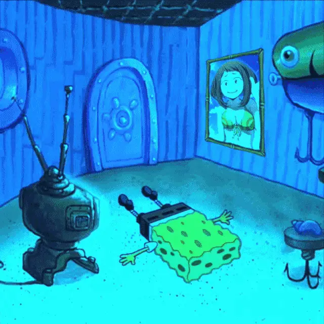 A six-panel grid shows SpongeBob SquarePants lying on the floor in his living room, watching TV. Each panel depicts a…