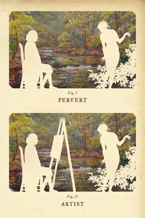 Two panels show identical silhouettes of a seated figure and a standing figure by a stream, labeled 'Fig. I PERVERT' and…