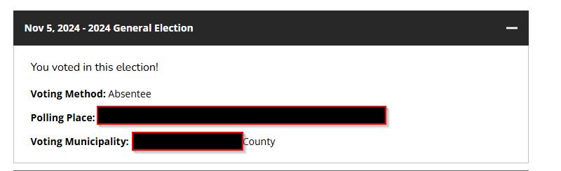A screenshot of a digital voting confirmation page for the Nov 5, 2024 General Election. The page states 'You voted in this…