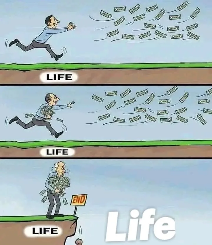 A three-panel cartoon shows a man running across a cliff labeled 'LIFE' while chasing money. In the first panel, he's young…