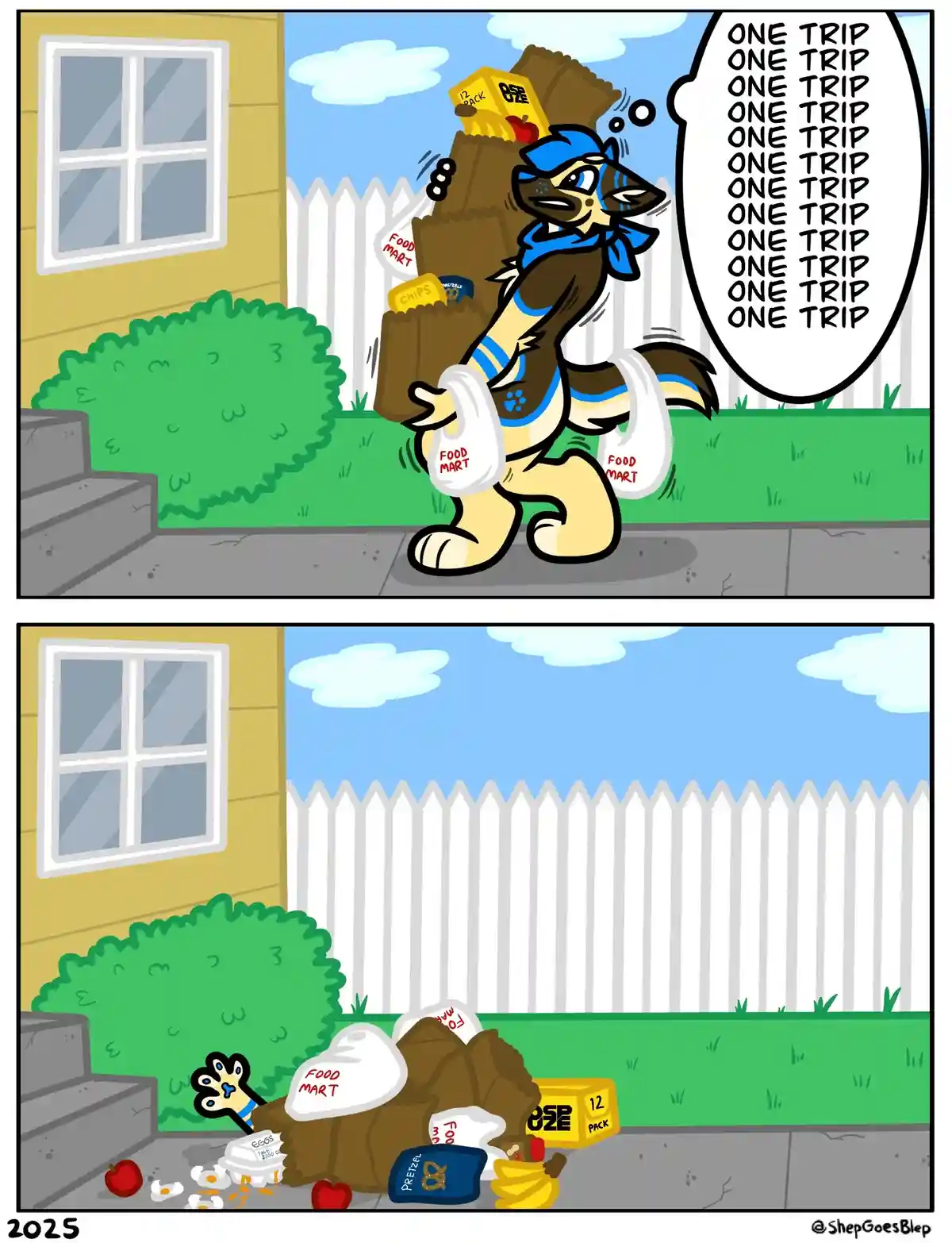 A cartoon anthropomorphic wolf in a blue bandana and blue-and-yellow striped shirt carries a massive, unbalanced pile of…