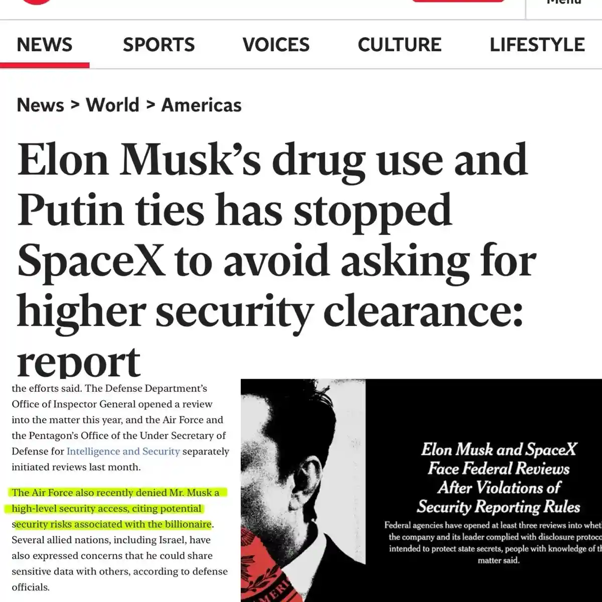 A screenshot of a fake news article with a headline claiming Elon Musk's drug use and ties to Putin have prevented SpaceX…