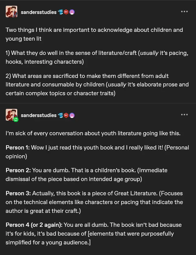 A screenshot of a social media post by 'sandersstudies' discussing the debate around youth literature. The post outlines two…