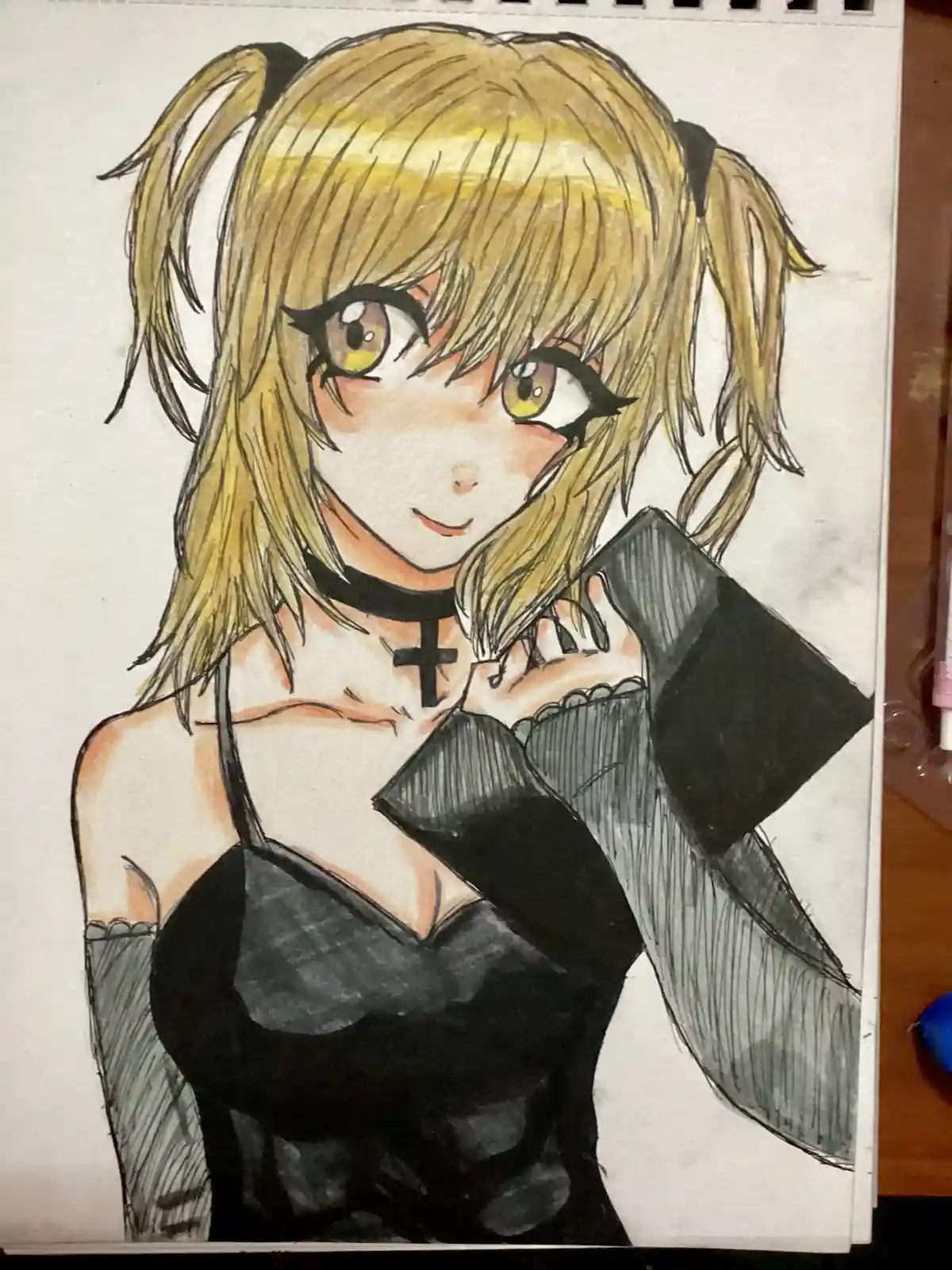 A hand-drawn anime-style illustration of a blonde-haired girl with pigtails, wearing a black choker with a cross pendant and…