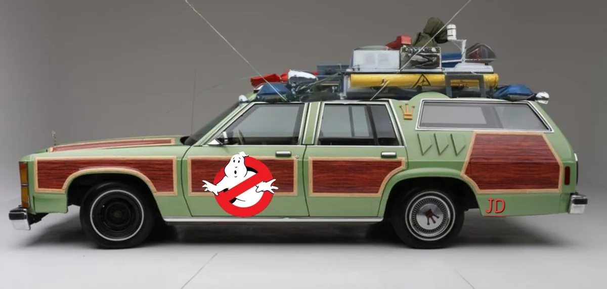A green and wood-paneled station wagon, heavily modified with equipment on its roof, features the Ghostbusters logo with a…
