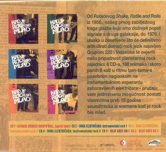 The image is a mock album cover for 'Kad je Rock Bio Mlad' (When Rock Was Young), featuring six small square album art…
