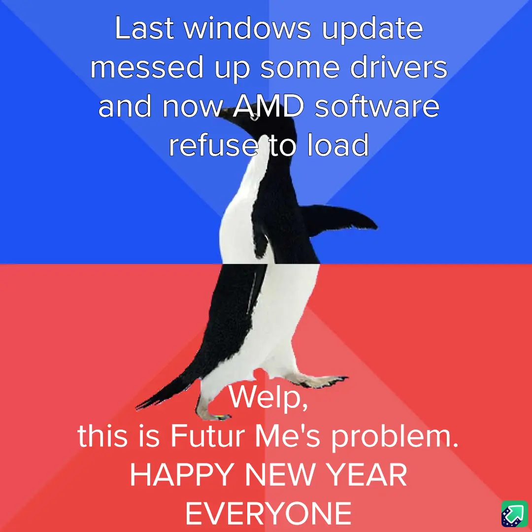 A penguin stands in the center of a split image, with a blue background above and a red background below. White text…